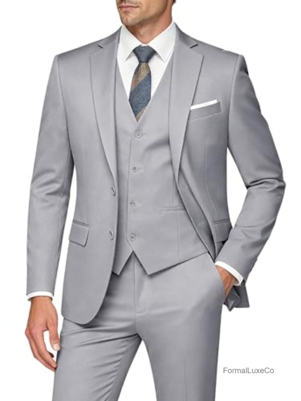 Men's Slim Fit 3 Piece Suit Set - Two Button Blazer, Vest & Pants Tuxedo